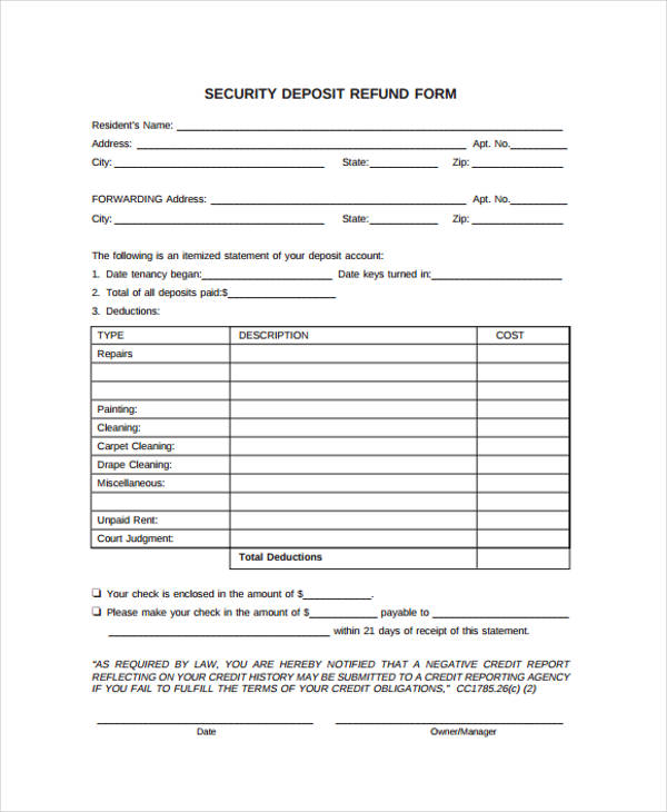 free security deposit return release form