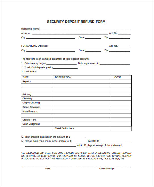 FREE 10 Security Deposit Return Forms In PDF MS Word