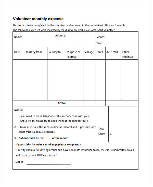 free volunteers monthly expense form