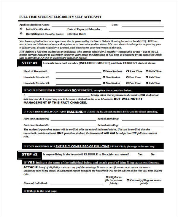 full time student self affidavit form