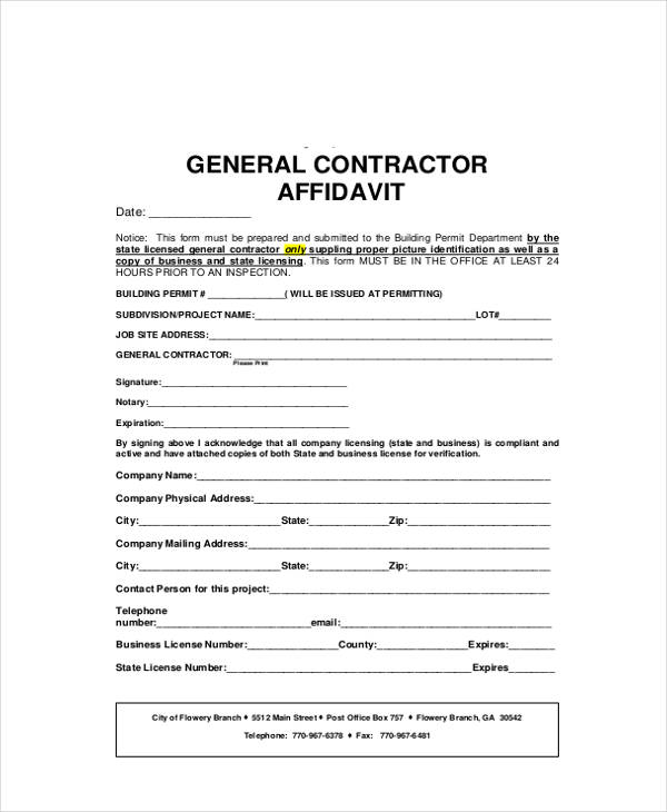 general contractor affidavit form example