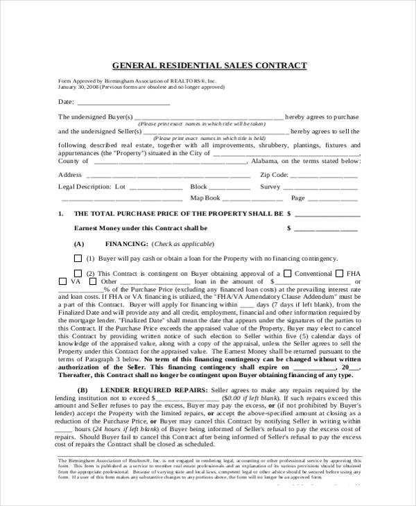 general residential sales agreement form