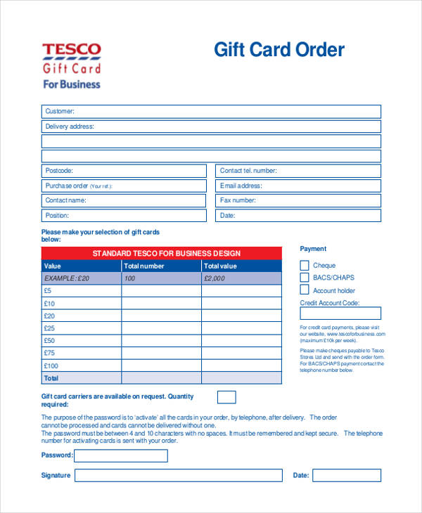 gift card order form