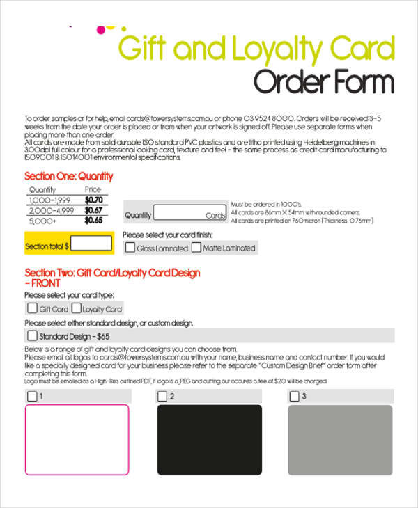 gift loyalty card order form