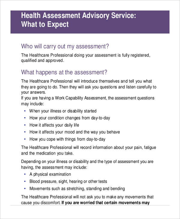 health assessment advisory service form