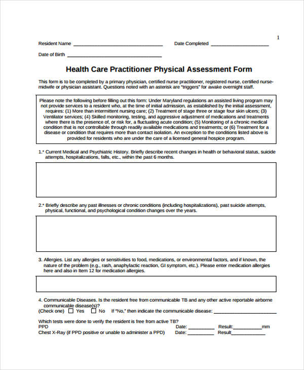 health care practitioner physical assessment form