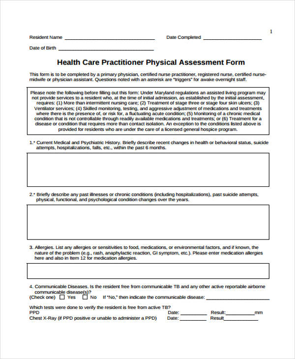 health history and physical assessment form
