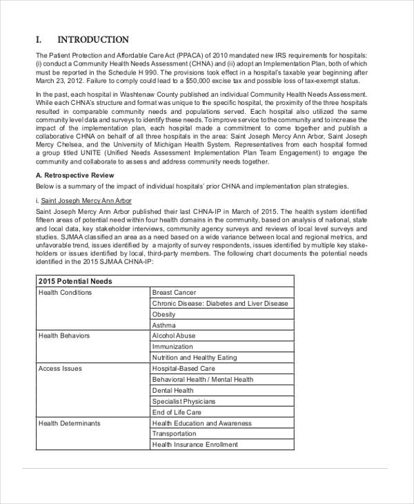 health needs assessment report form