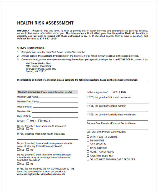 health risk assessment survey form