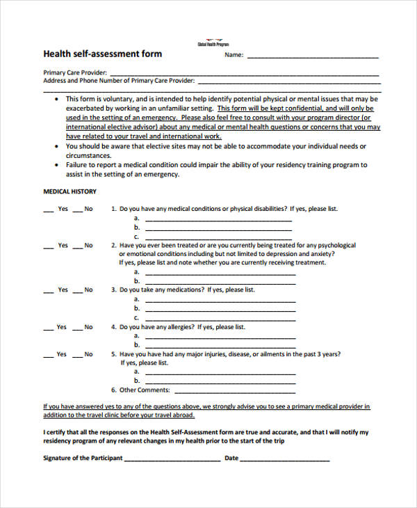 health self assessment questionnaire form