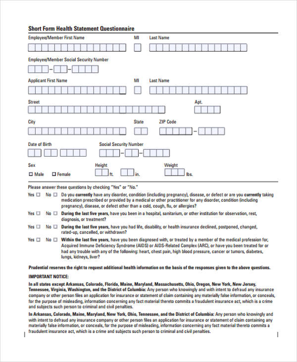 health statement questionnaire form