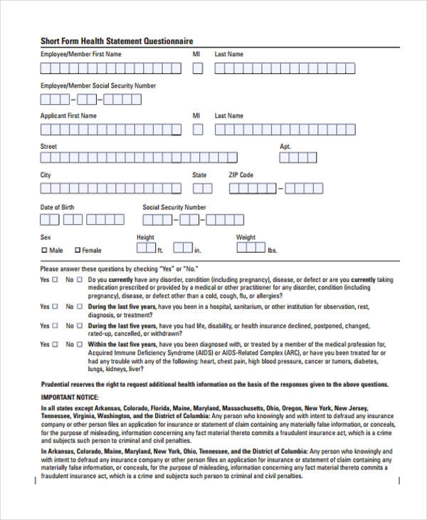 Free 11 Health Statement Forms In Pdf Ms Word 8834