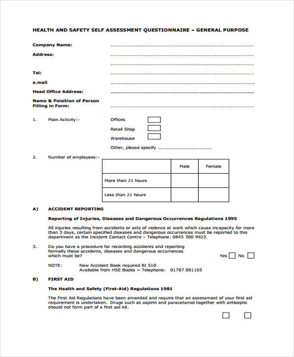 health and safety self assessment form
