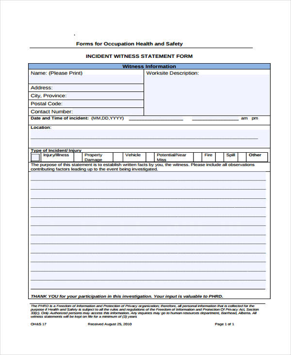 health and safety witness statement form