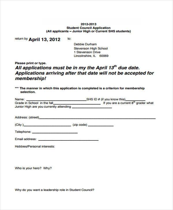 high school student council application form1