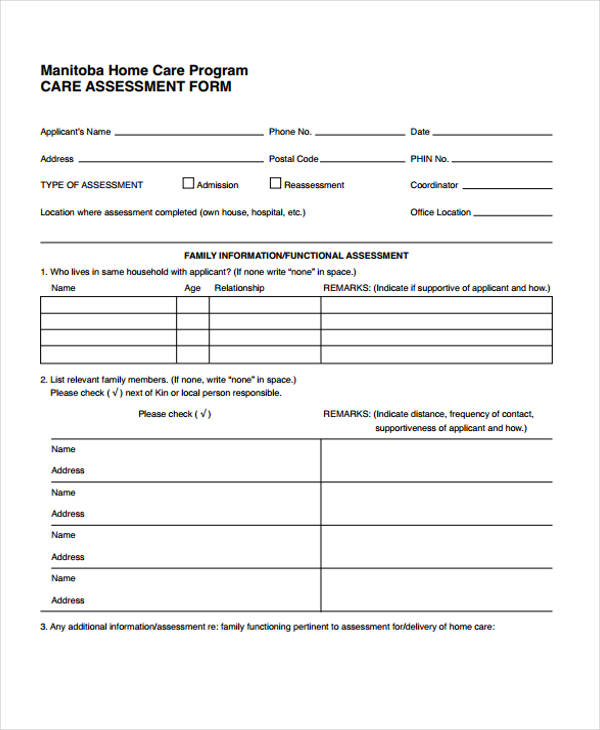 home care needs assessment form