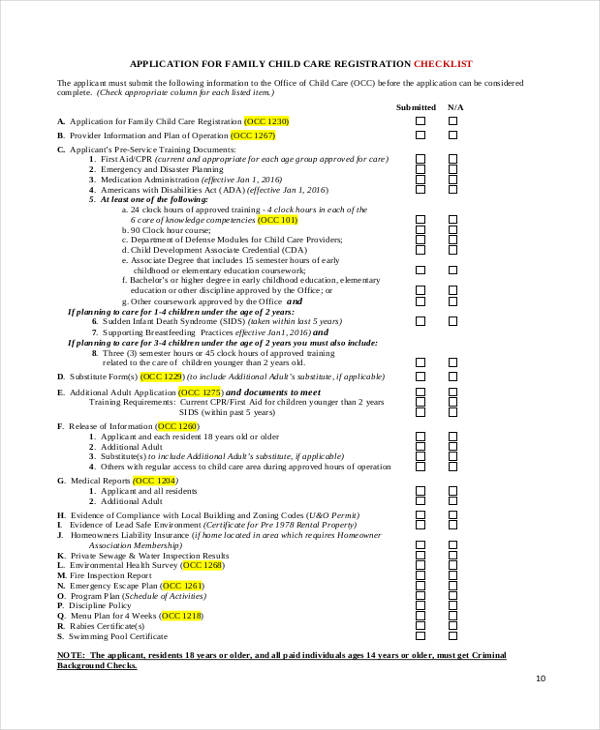 home child care application form