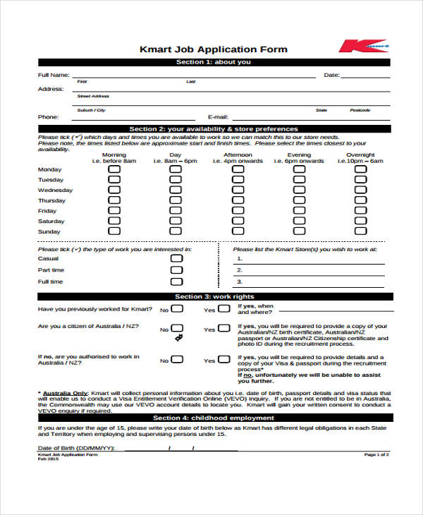 Free 10 Sample Standard Job Application Forms In Pdf Ms Word Excel 4263