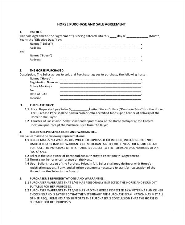 horse purchase sales agreement form
