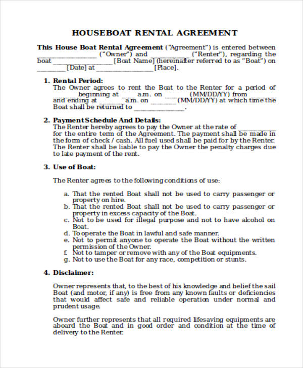 house boat rental agreement form