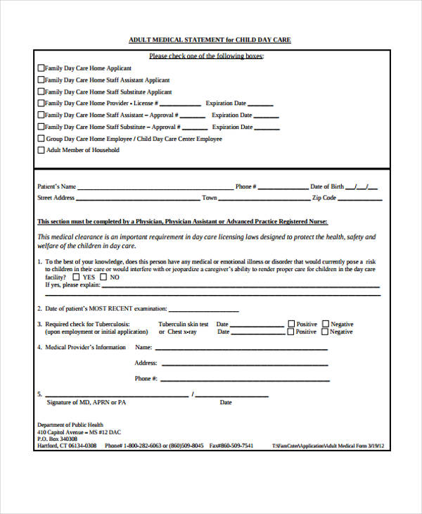 household member medical statement form