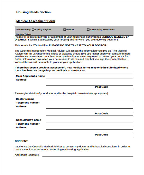 housing needs section medical assessment form