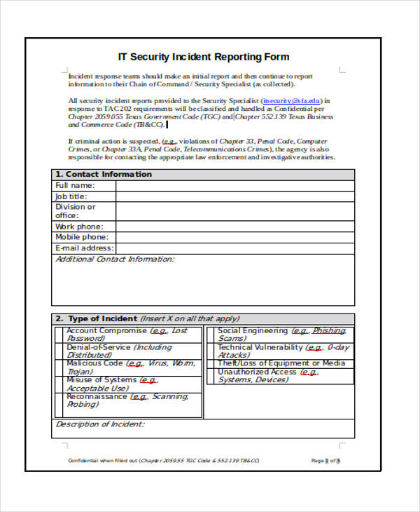 it security incident report form