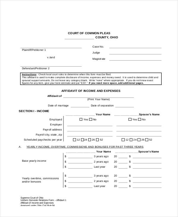 income and expense affidavit form example