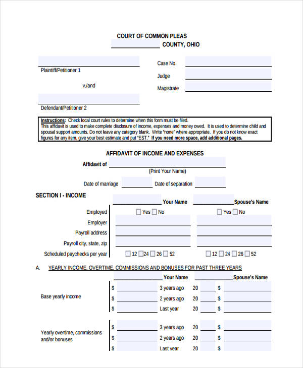 income and expense affidavit