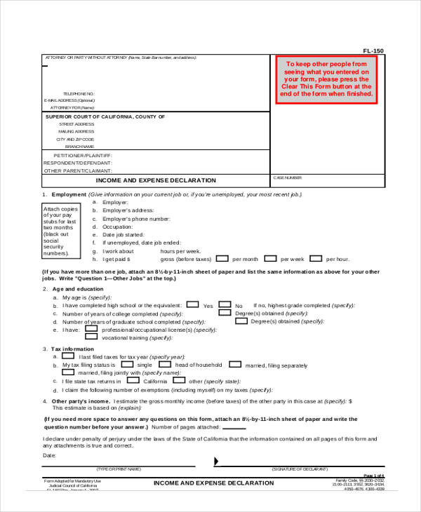 income and expense declaration form