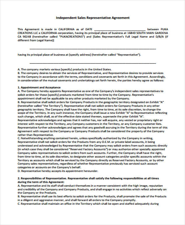 independent sales representative agreement form
