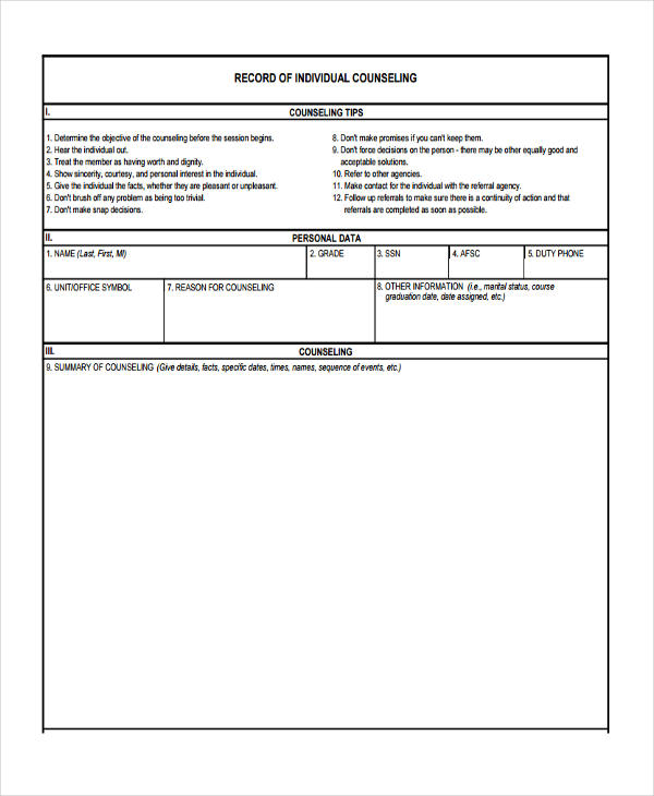 individual counseling record form