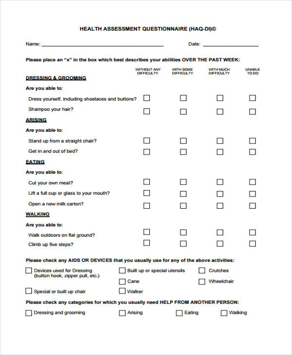 initial health assessment questionnaire form