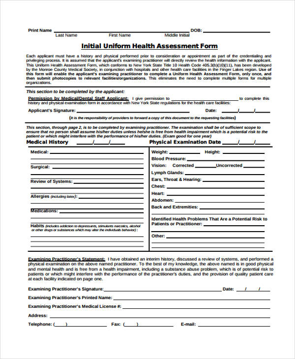 initial health functional assessment form