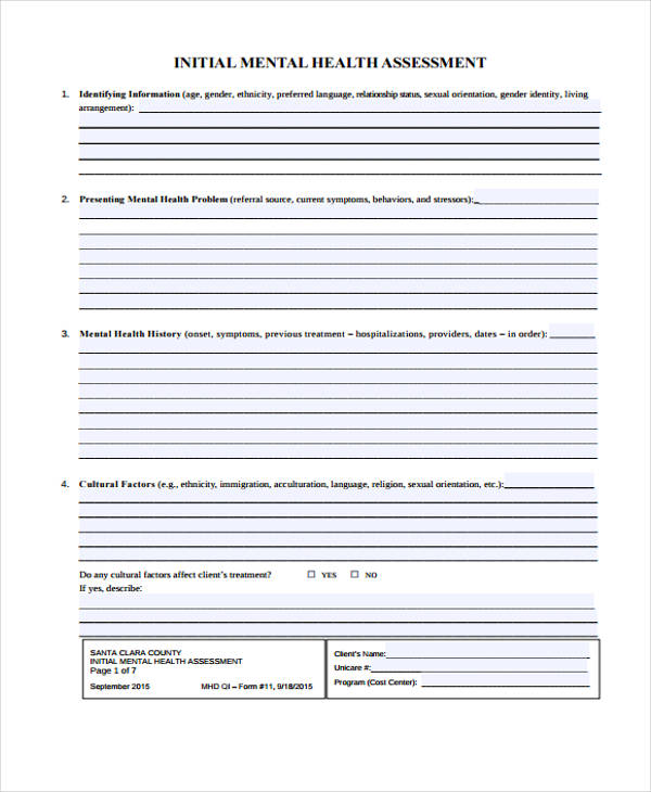 initial mental health assessment form