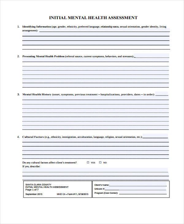 Printable Mental Health Intake Assessment Forms 