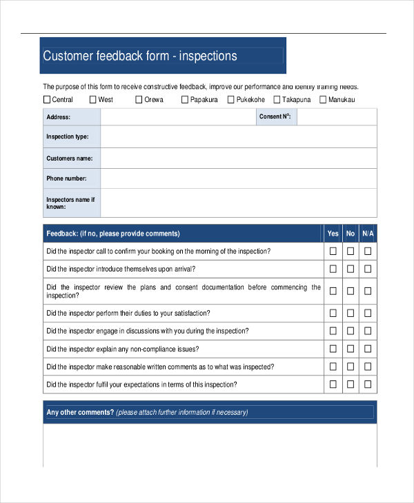 inspections customer feedback form example