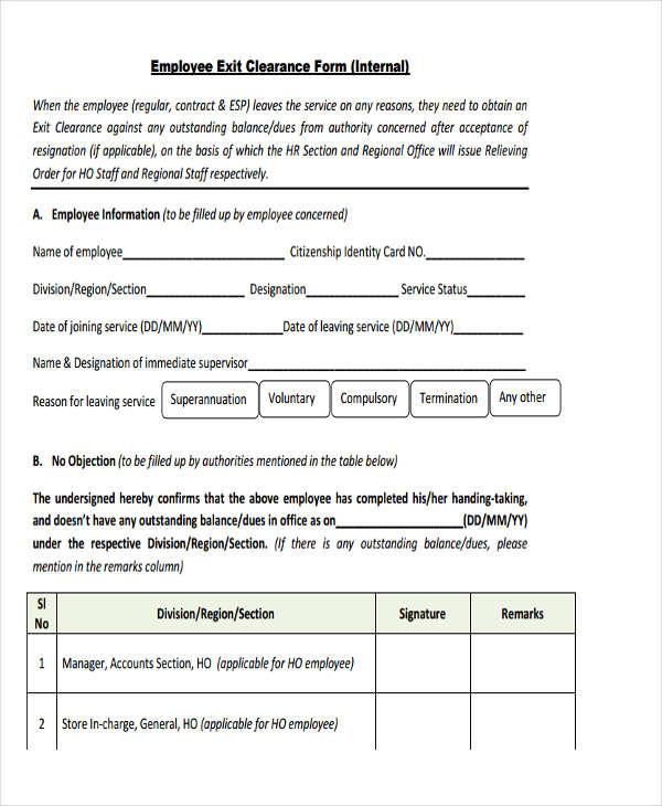 internal employee exit clearance form