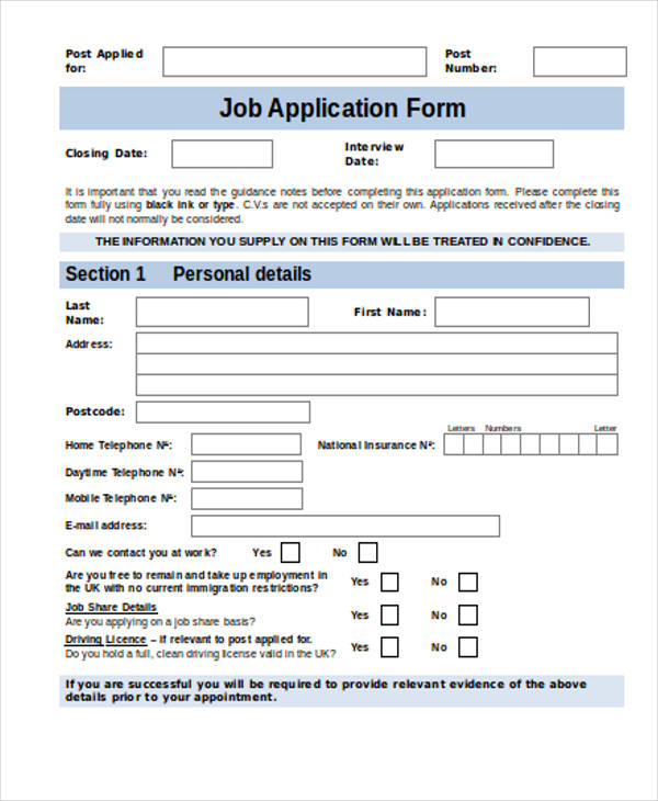 Job Application Form Template Uk Free