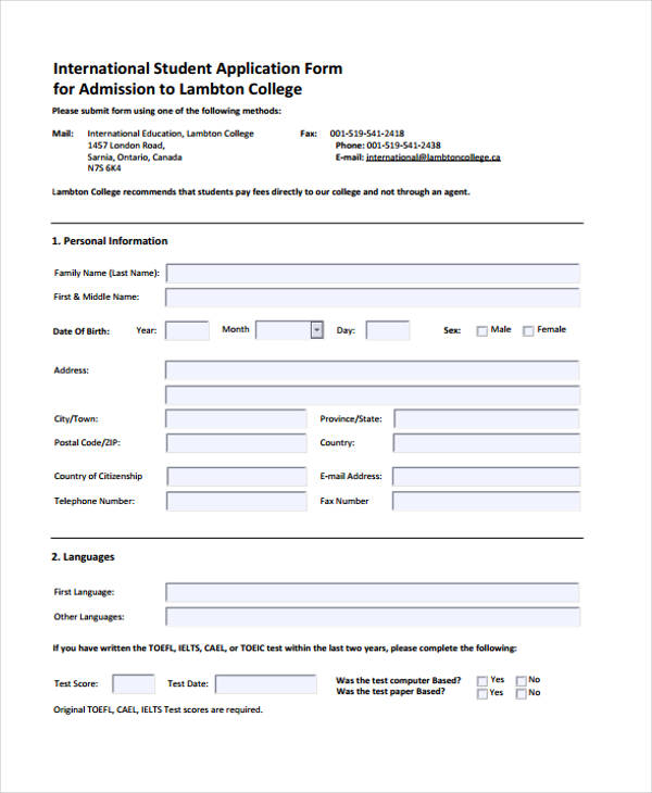 international college student application form