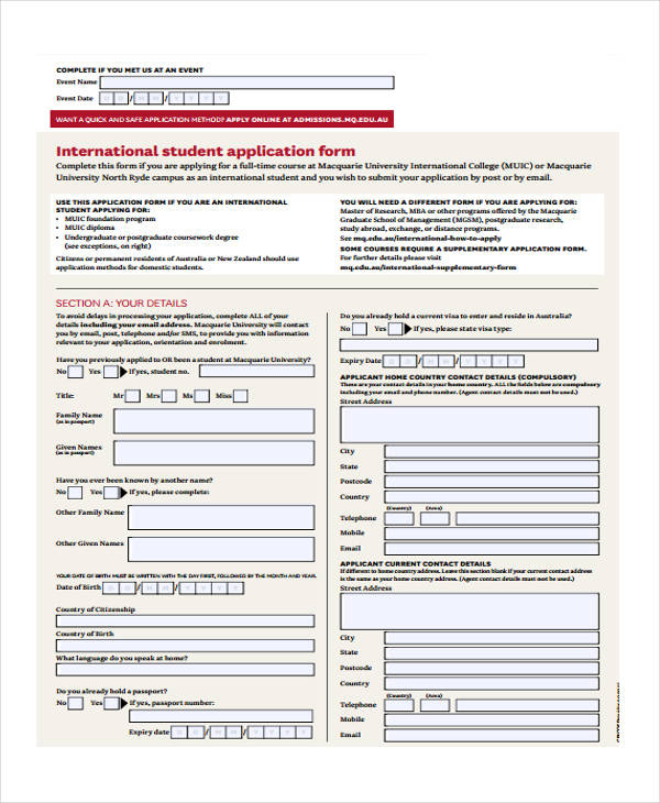 international full time student application form