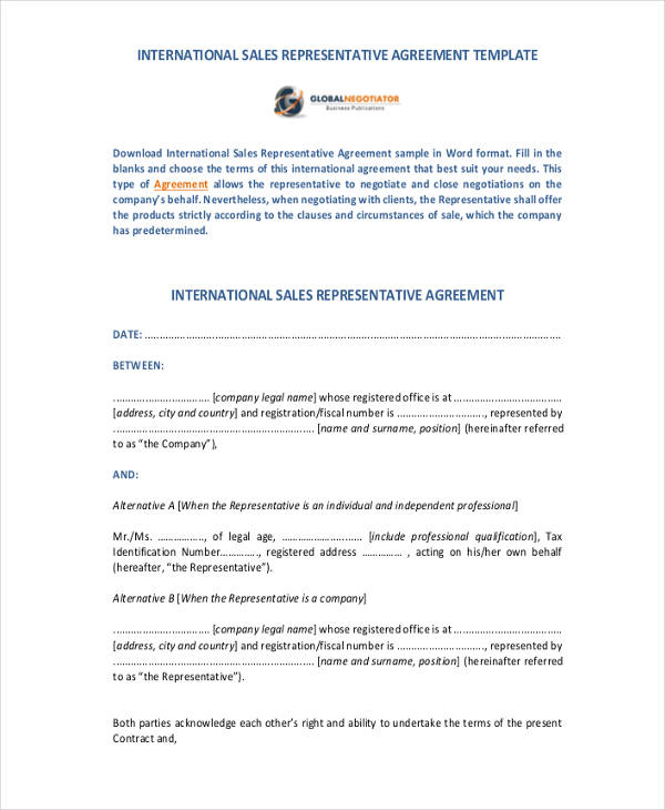 international sales representatives agreement form