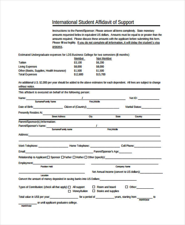 international student affidavit form