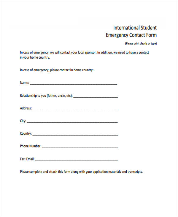 international student emergency contact form