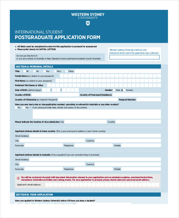 international student postgraduate application form