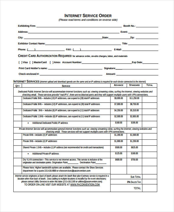 internet service order form example1