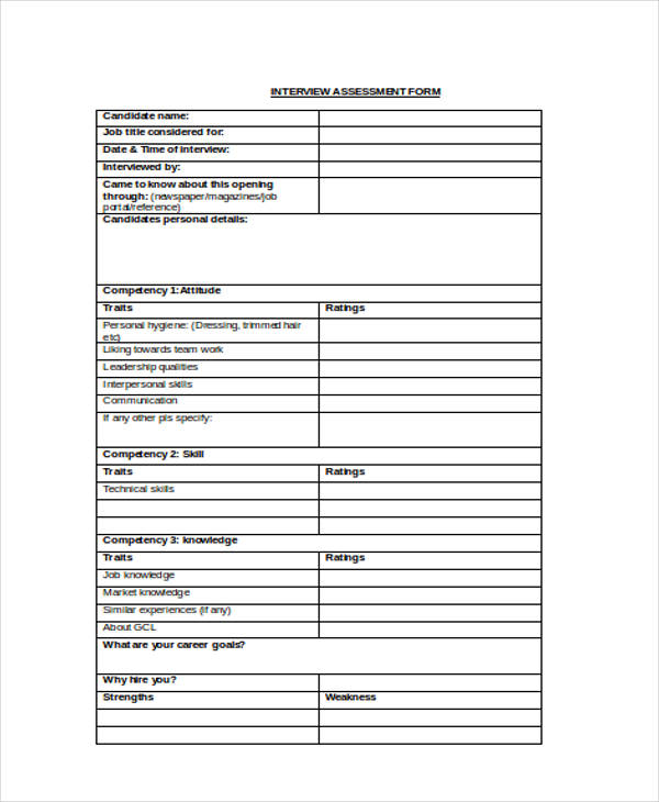 interview candidate assessment form example