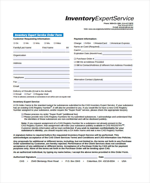 inventory maintenance service order form