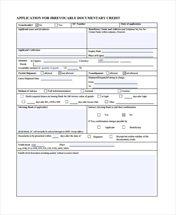 irrevocable documentary credit application form