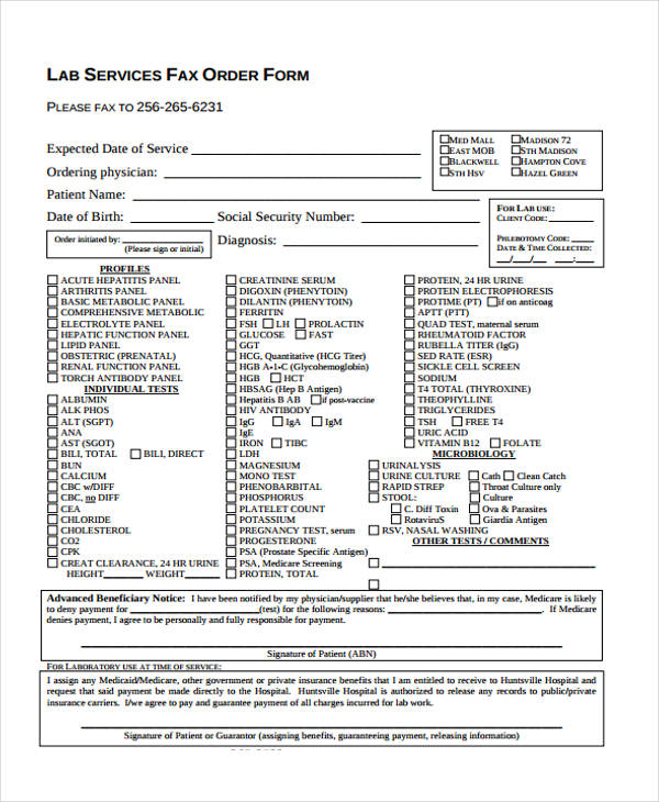 lab service fax order form